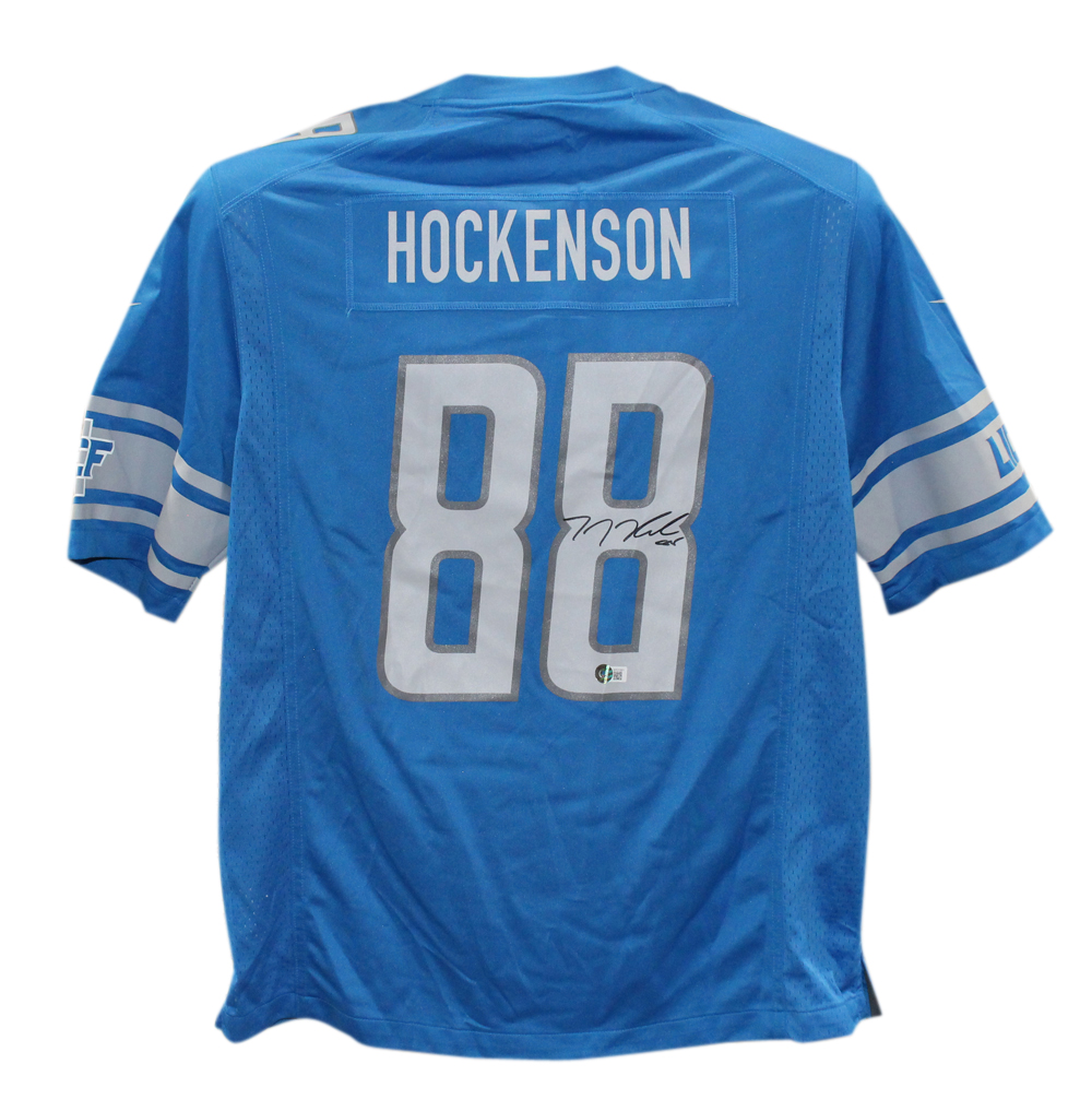 TJ Hockenson Autographed Detroit Lions Nike Game Blue XL Jersey Beckett