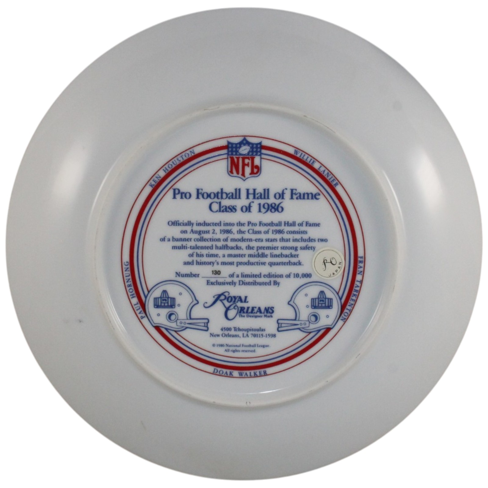 Hornung Tarkenton Houston +2 NFL Hall of Fame 1986 Royal Orleans Plate 55950