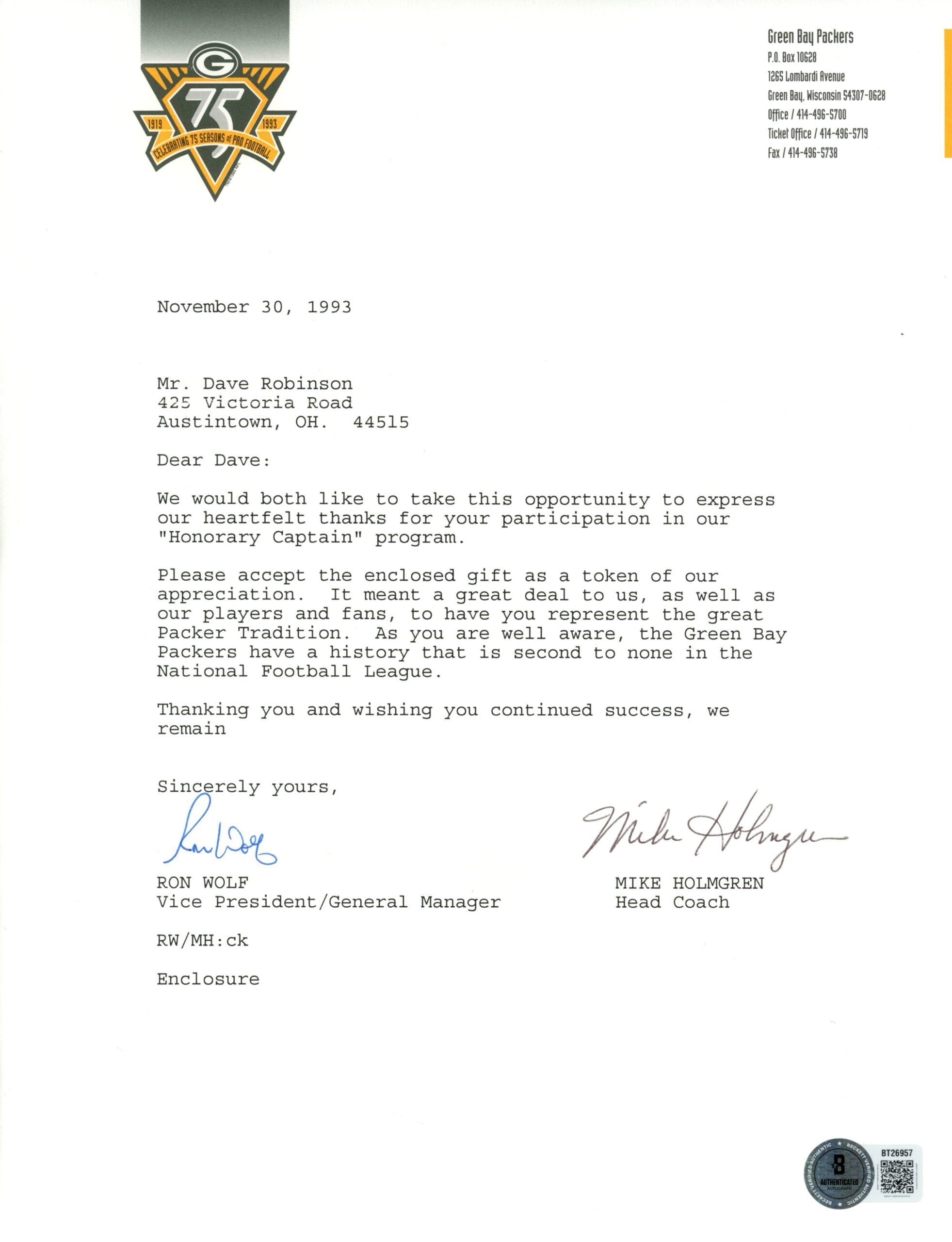 Mike Holmgren Ron Wolf Signed Green Bay Packers Letter Dave Robinson BAS 57871 1 Mike Holmgren Ron Wolf Signed Green Bay Packers Letter Dave Robinson BAS 57871