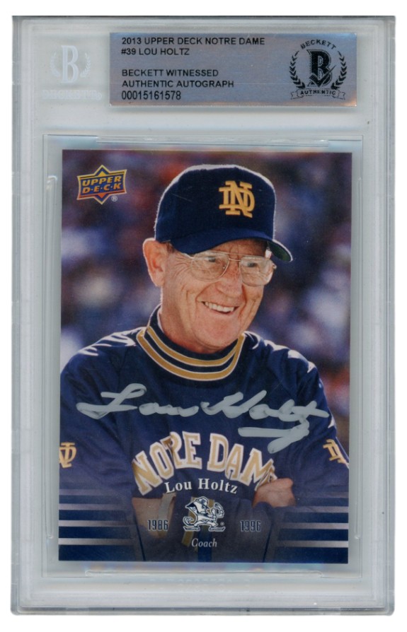 Lou Holtz Autographed/Signed 2013 Upper Deck 39 Trading Card Slab Beckett 52677 1 Lou Holtz Autographed/Signed 2013 Upper Deck 39 Trading Card Slab Beckett 52677