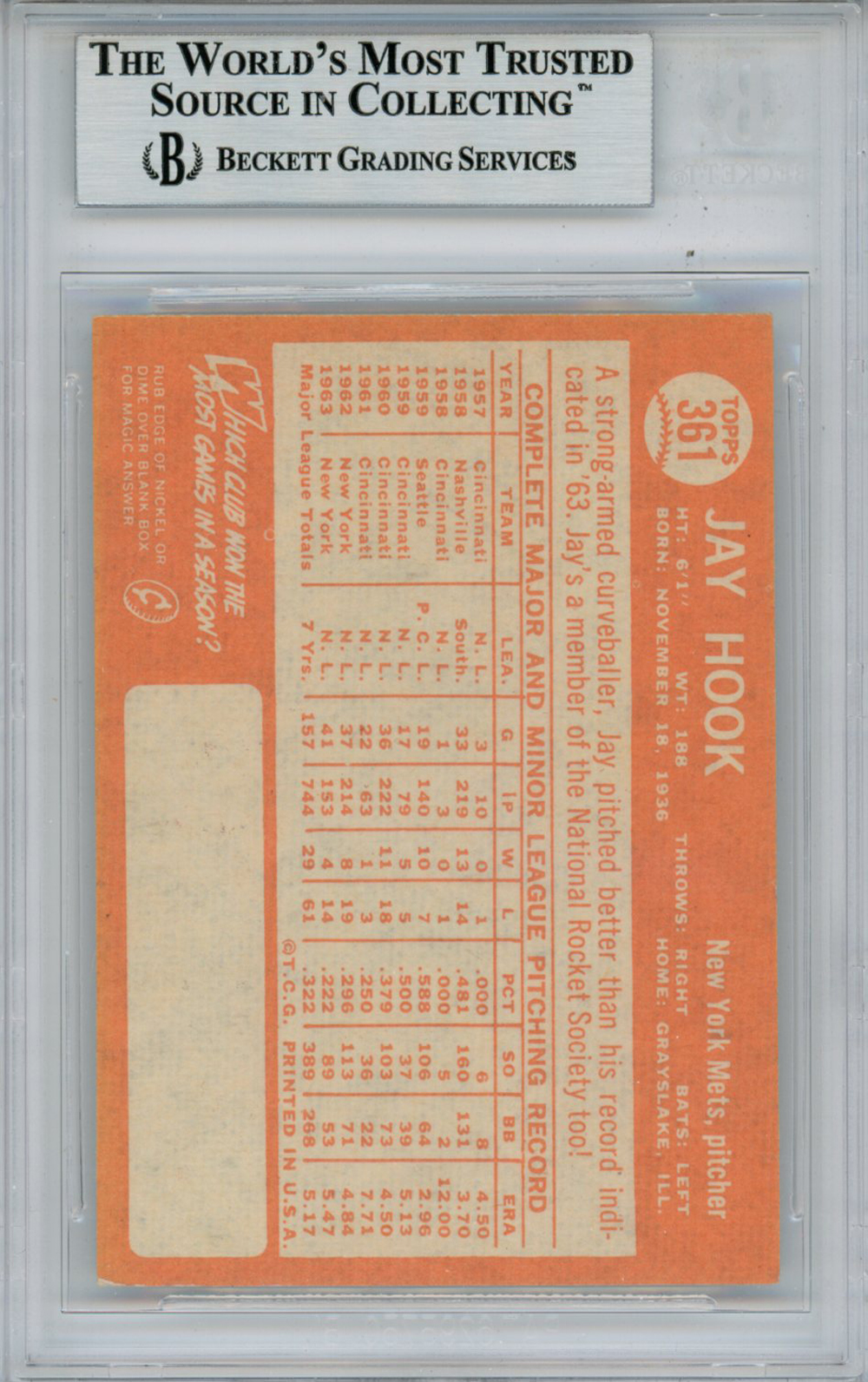Jay Hook Autographed/Signed 1964 Topps #361 Trading Card Beckett Slab