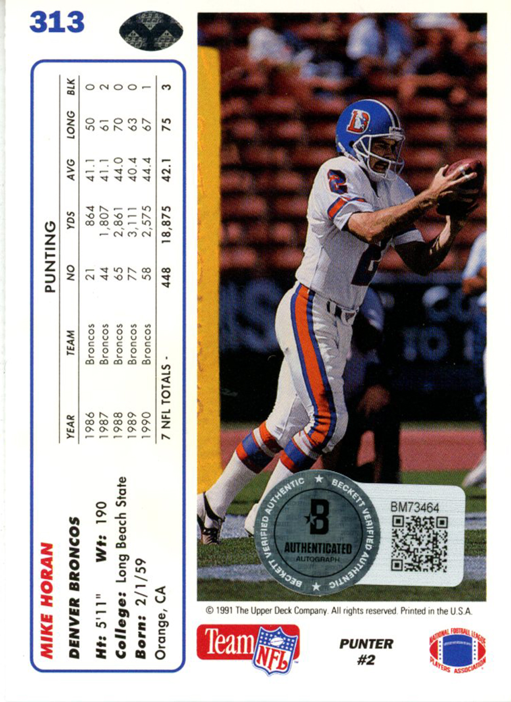 Mike Horan Autographed 1991 Upper Deck #313 Trading Card Beckett 44821
