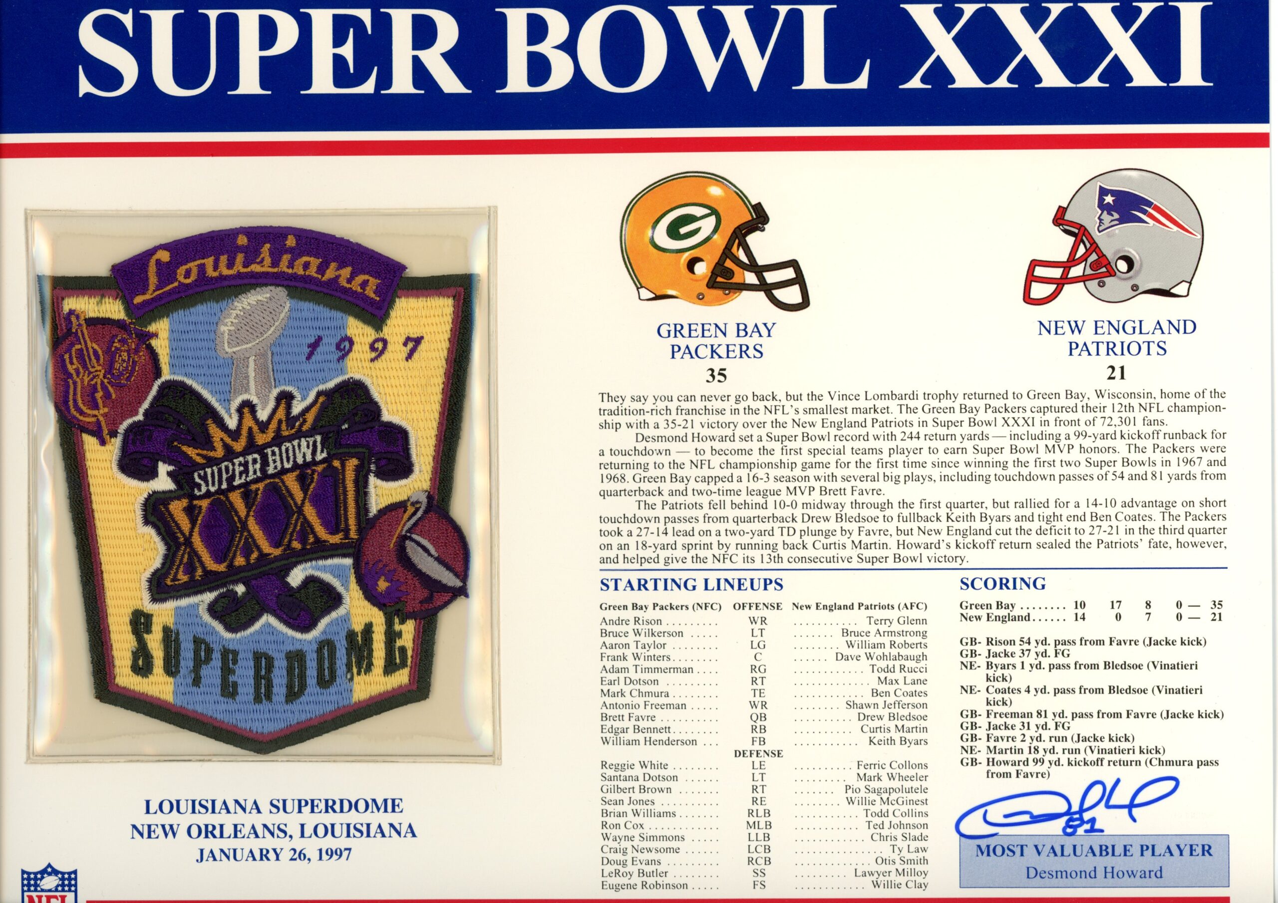 Desmond Howard Autographed Green Bay Packers SB XXXI Patch Card Beckett 54938