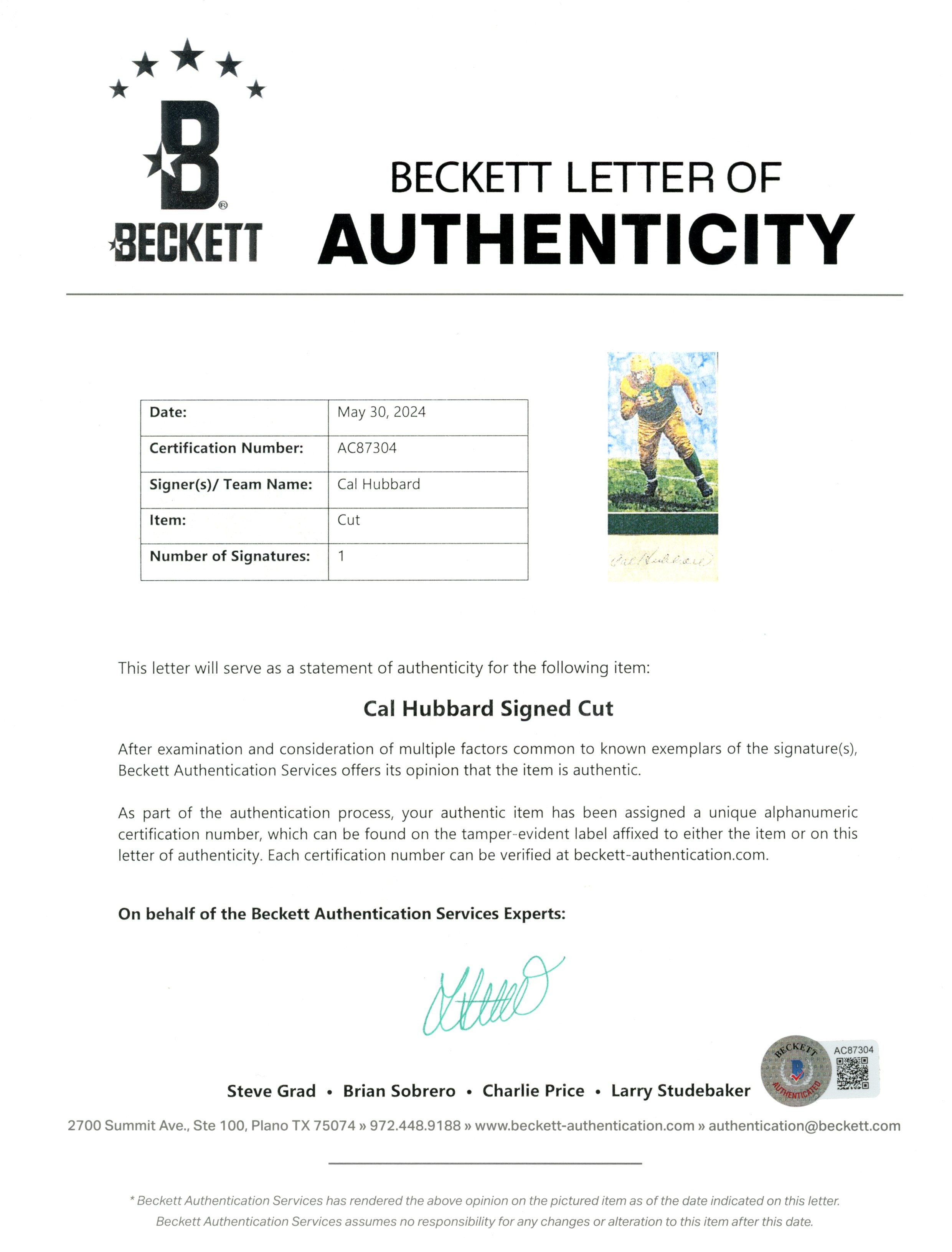 Cal Hubbard Signed Green Bay Packers Mat Cut Auto Goal Line Art Card BAS 55399