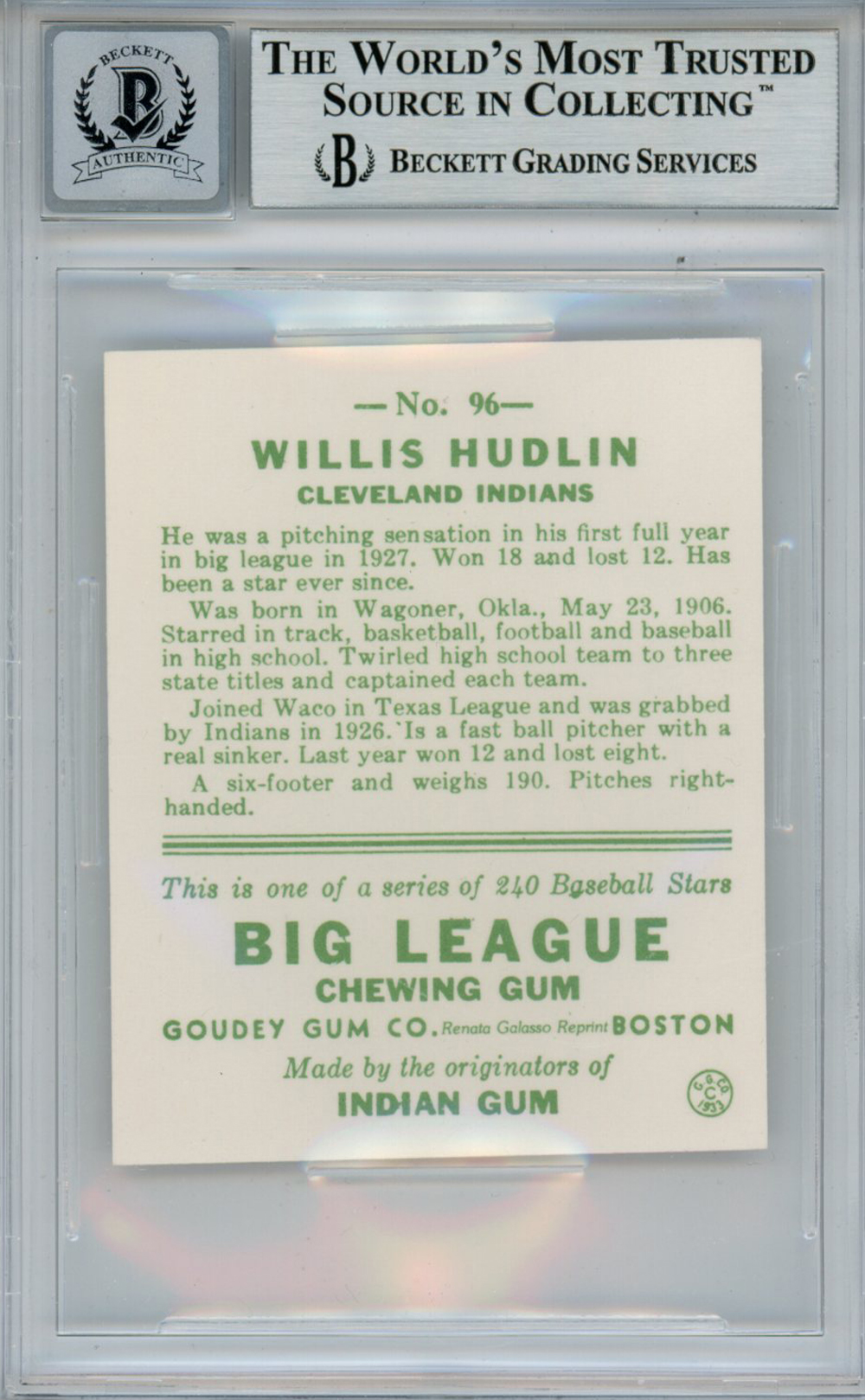 Willis Hudlin Signed 1933 Goudey '86 Reprints #96 Card Beckett 10 Slab