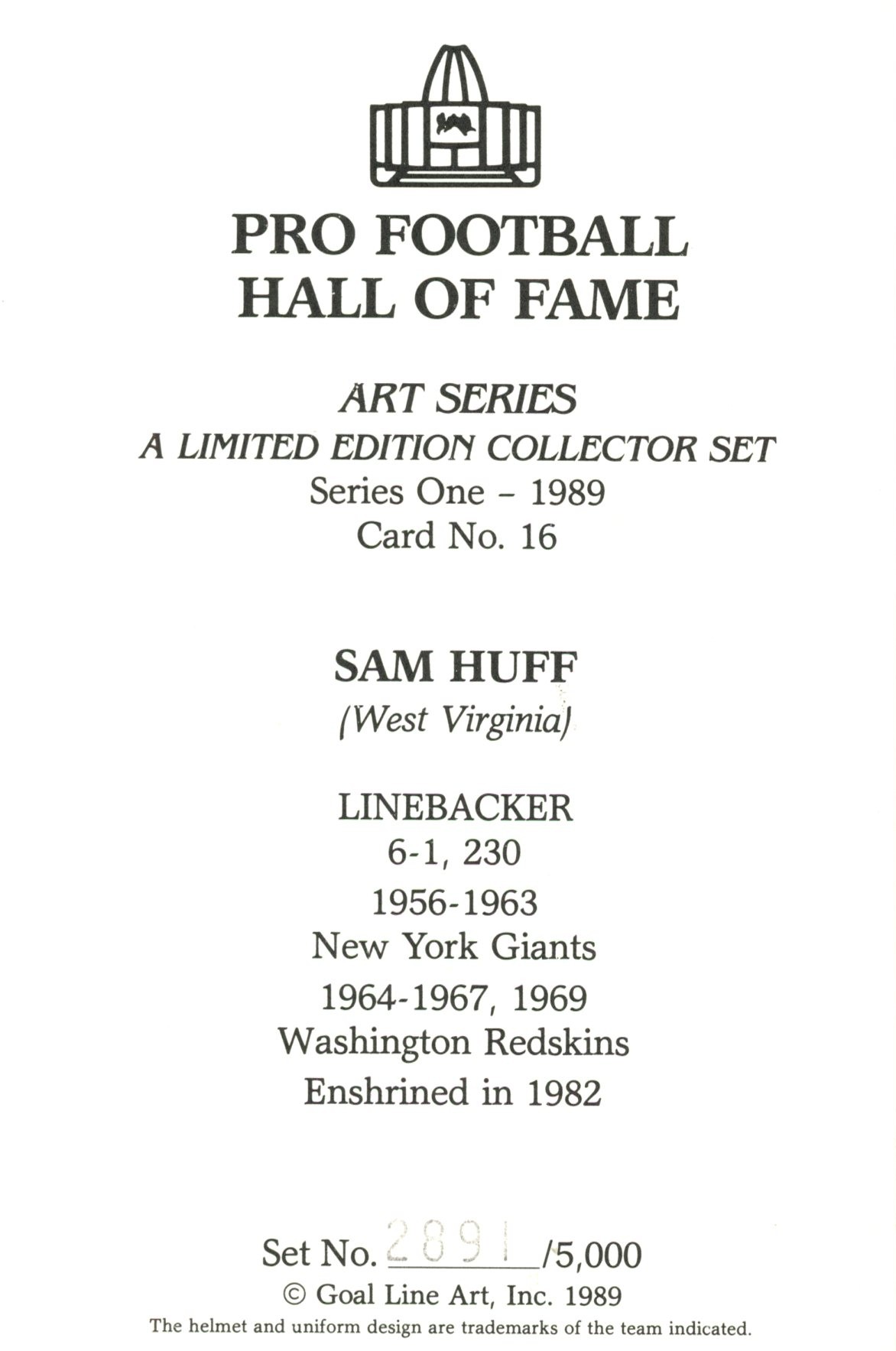 Sam Huff New York Giants Goal Line Art Card Series 1 No Sam Huff New York Giants Goal Line Art Card Series 1 No. 16 LE /5000 58091