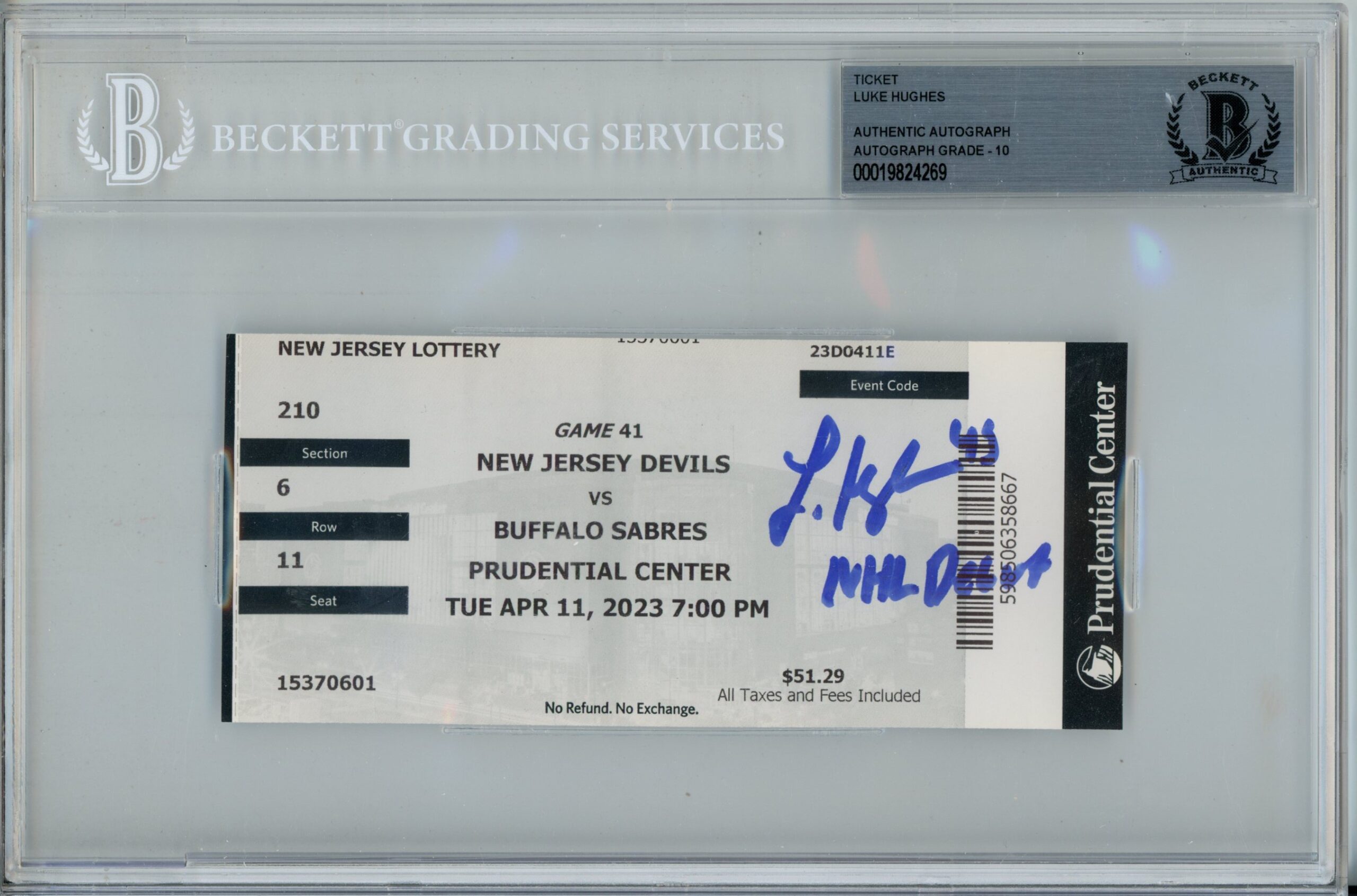 Luke Hughes Autographed New Jersey Devils 4/11/23 NHL Debut Ticket Beckett 57191 1 Luke Hughes Autographed New Jersey Devils 4/11/23 NHL Debut Ticket Beckett 57191