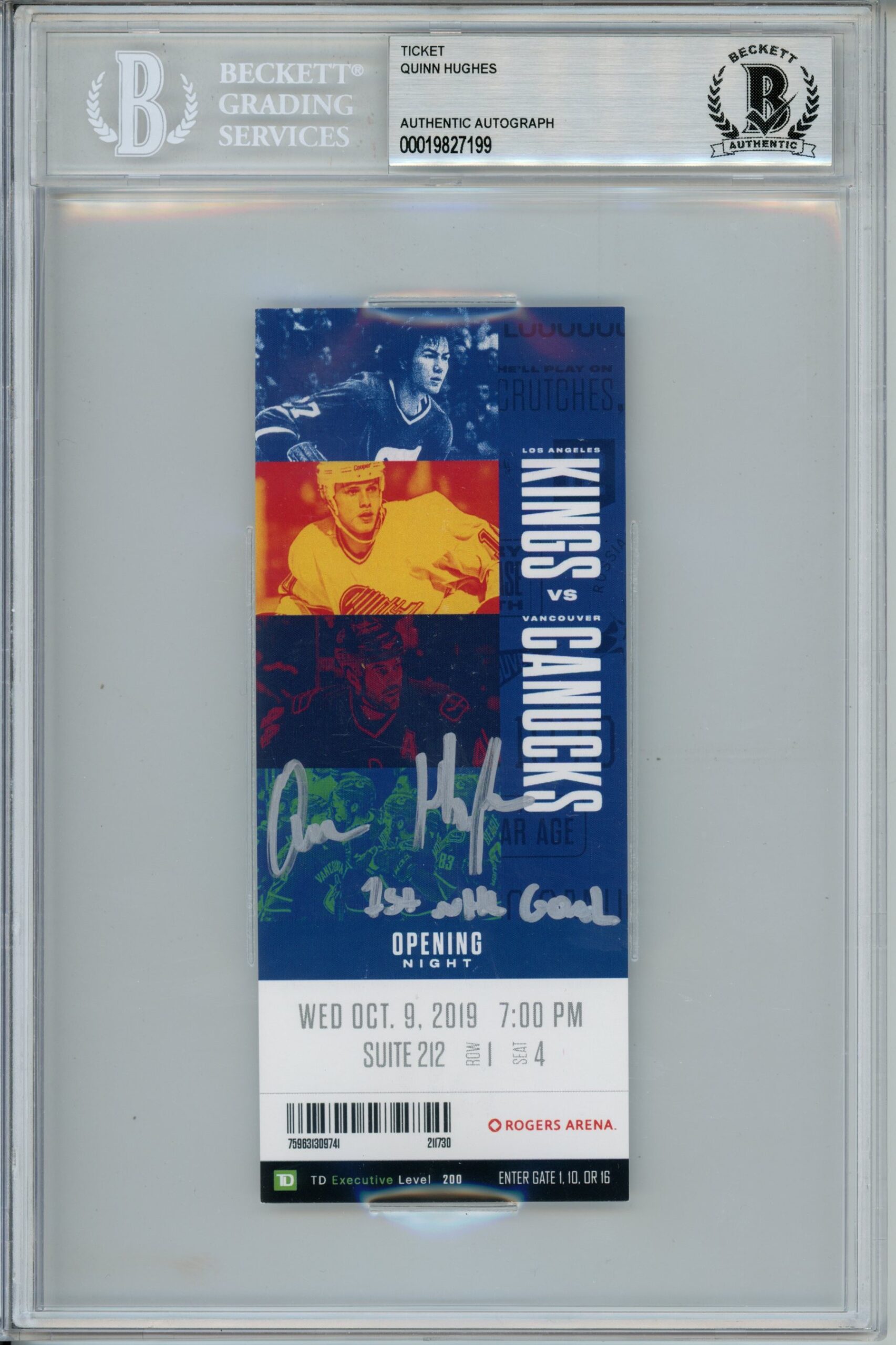 Quinn Hughes Signed Vancouver Canucks 10/9/19 1st NHL Goal Ticket Beckett 57194 1 Quinn Hughes Signed Vancouver Canucks 10/9/19 1st NHL Goal Ticket Beckett 57194