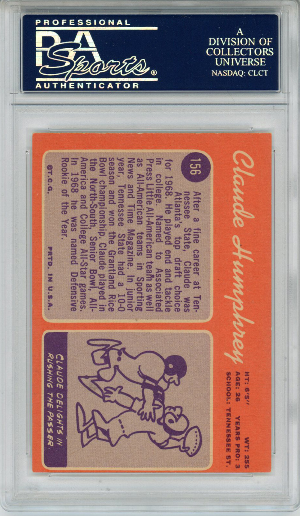 Claude Humphrey Autographed 1970 Topps #156 Trading Card HOF PSA Slab