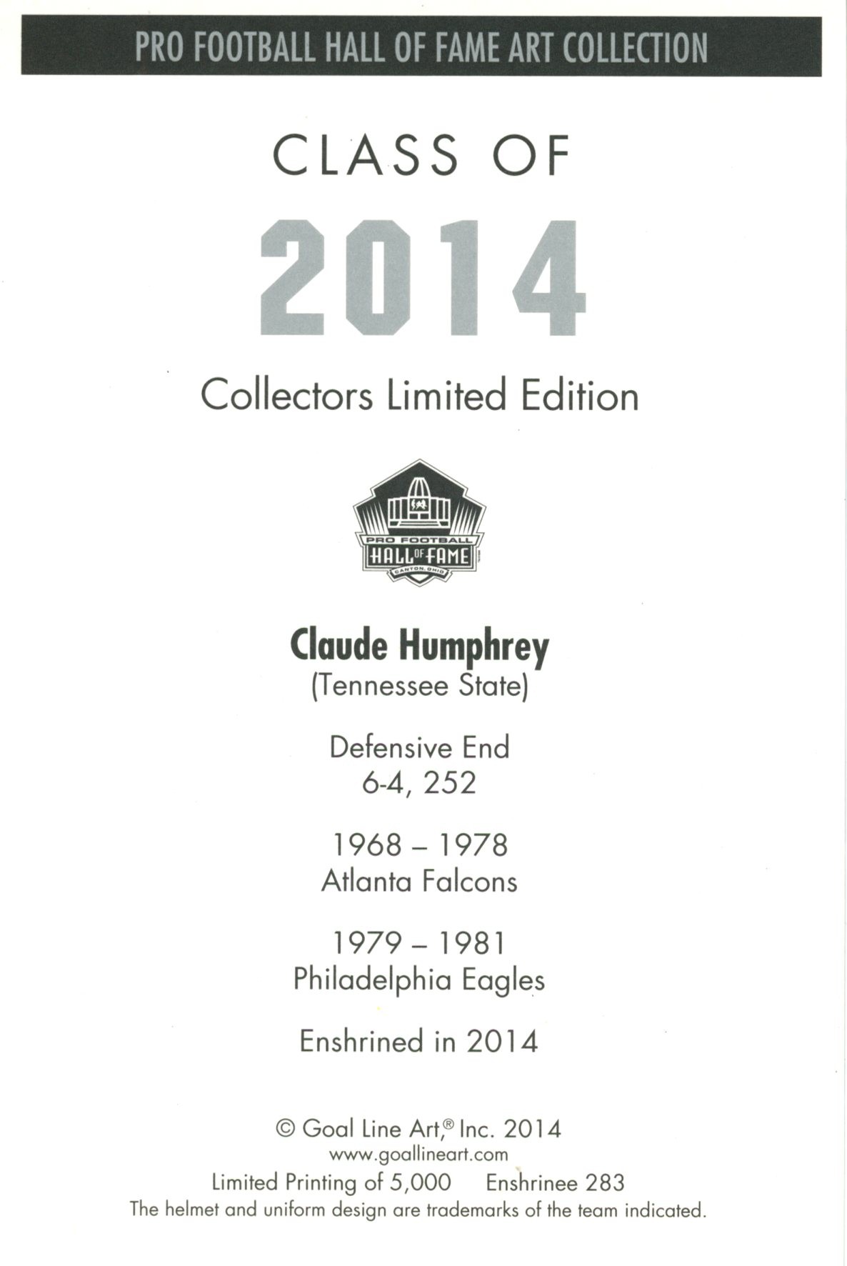 Claude Humphrey Atlanta Falcons Goal Line Art Card Class of 2014 58092 2 Claude Humphrey Atlanta Falcons Goal Line Art Card Class of 2014 58092