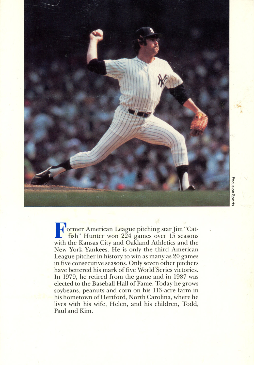 Jim Catfish Hunter Unsigned New York Yankees 1988 Cookbook