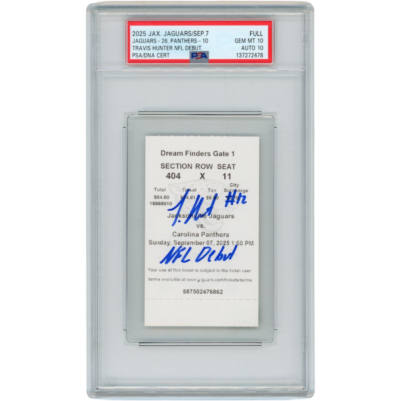 Travis Hunter Autographed Jacksonville Jaguars NFL Debut Ticket PSA Slab 53371
