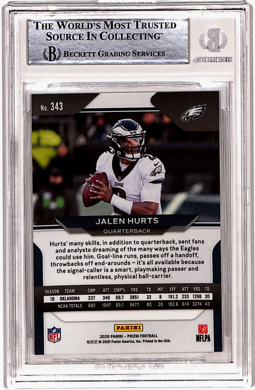 Jalen Hurts Autographed 2020 Panini Prizm #343 Rookie Card Beckett Slab