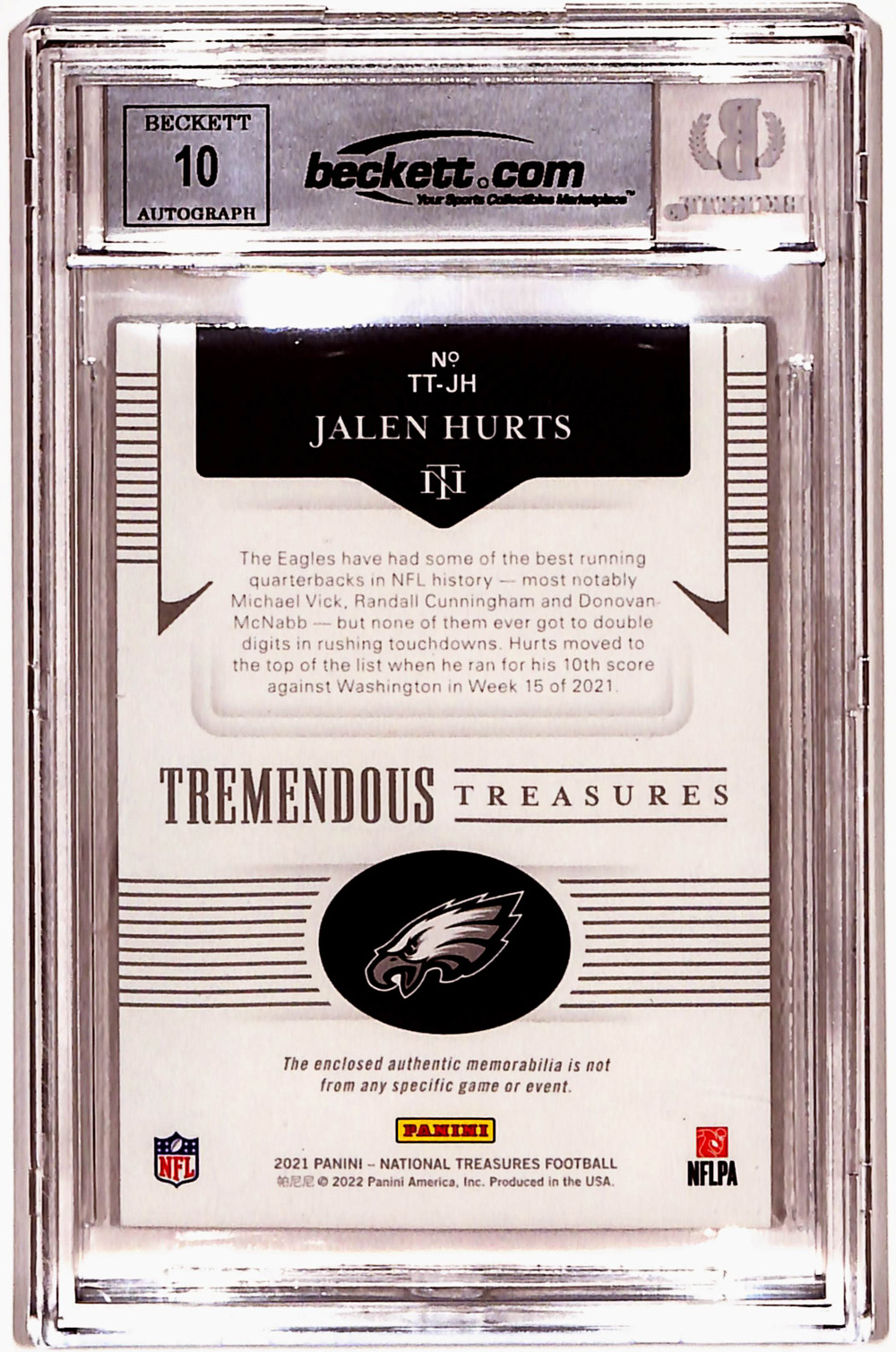 Jalen Hurts Autographed 2021 National Treasures 12/25 Trading Card BAS Slab