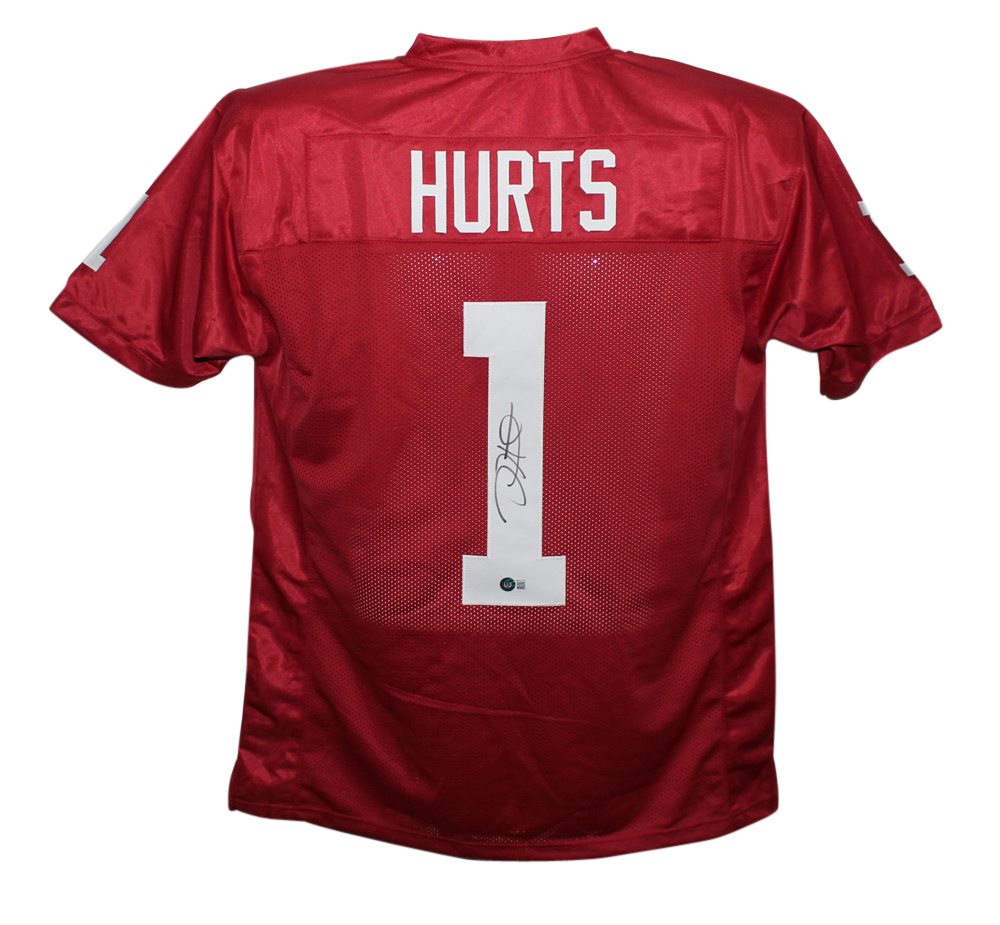 Jalen Hurts Autographed/Signed College Style Red XL Jersey Beckett BAS
