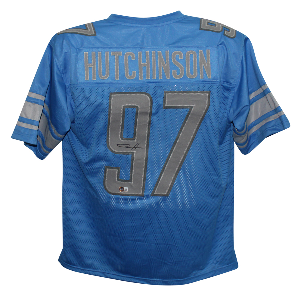 Aidan Hutchinson Autographed/Signed Pro Style Blue XL Jersey Beckett