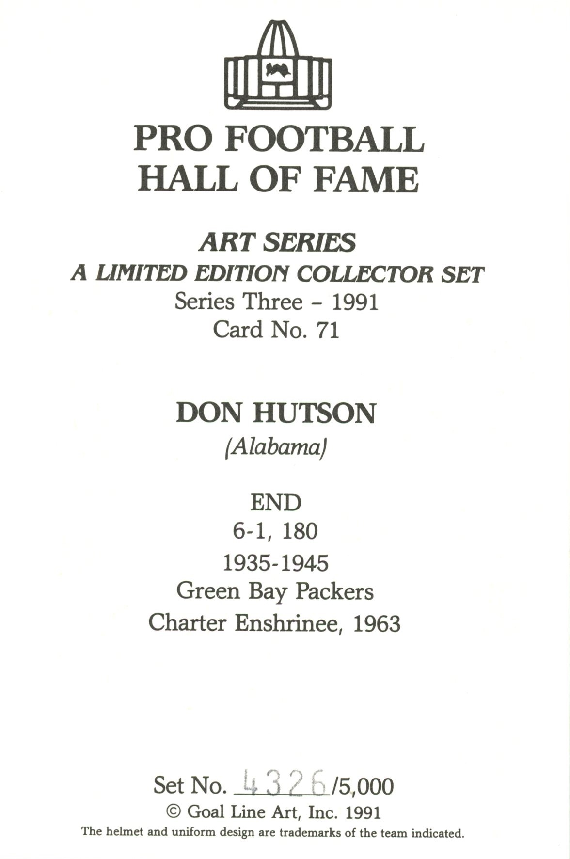 Don Hutson Green Bay Packers Goal Line Art Card Series 3 No Don Hutson Green Bay Packers Goal Line Art Card Series 3 No. 71 LE /5000 58093