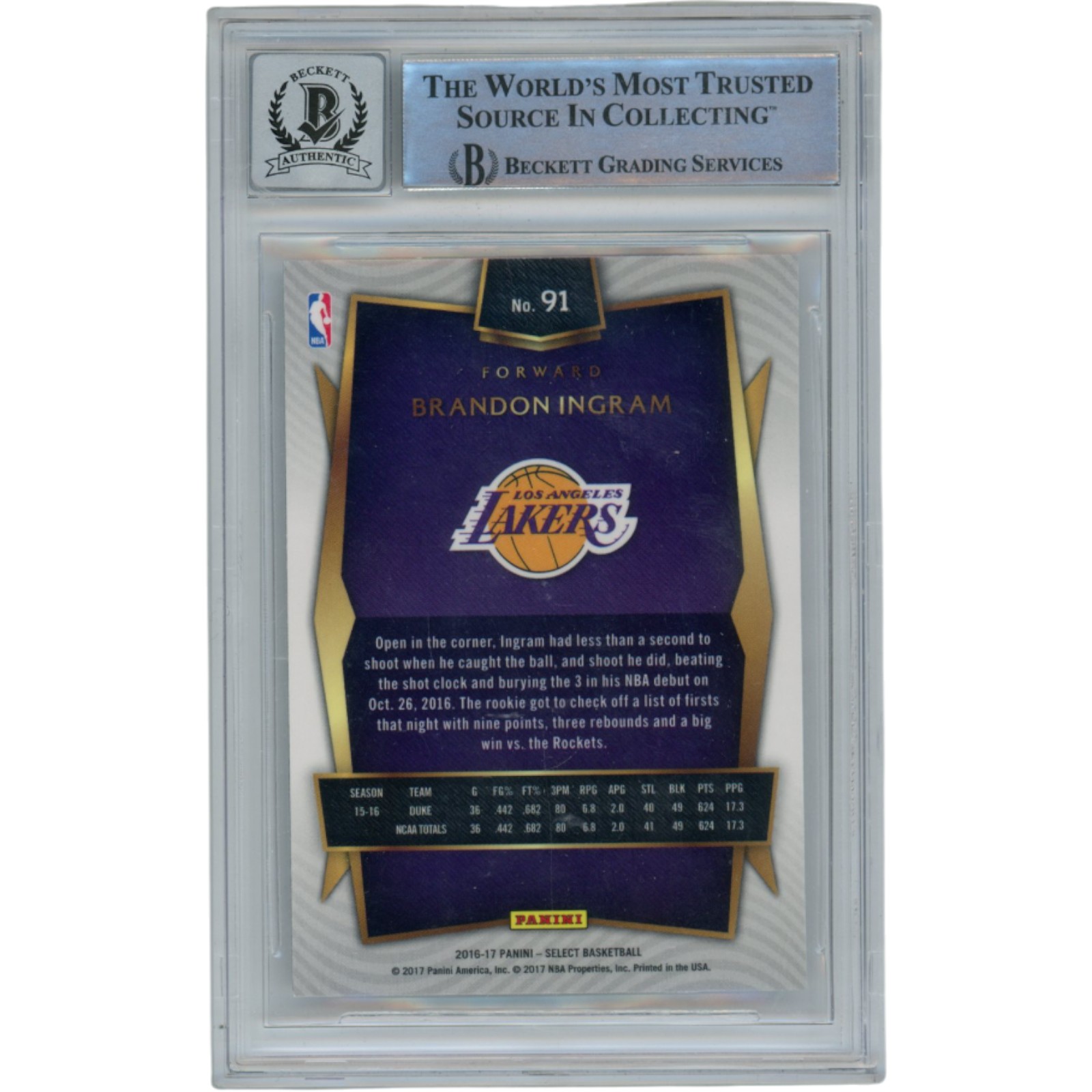 Brandon Ingram Autographed 2016 Select #91 w#2 Pick Slabbed Card Beckett 54581
