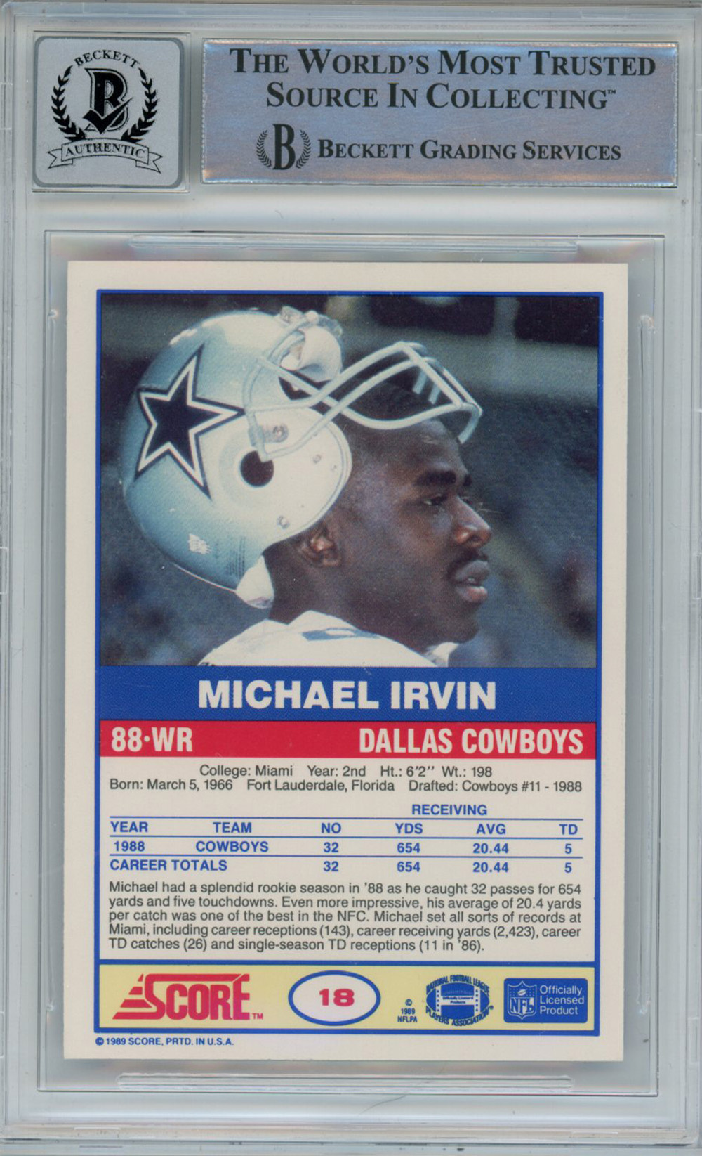 Michael Irvin Autographed 1989 Score #18 Rookie Card HOF Beckett 10 Slab