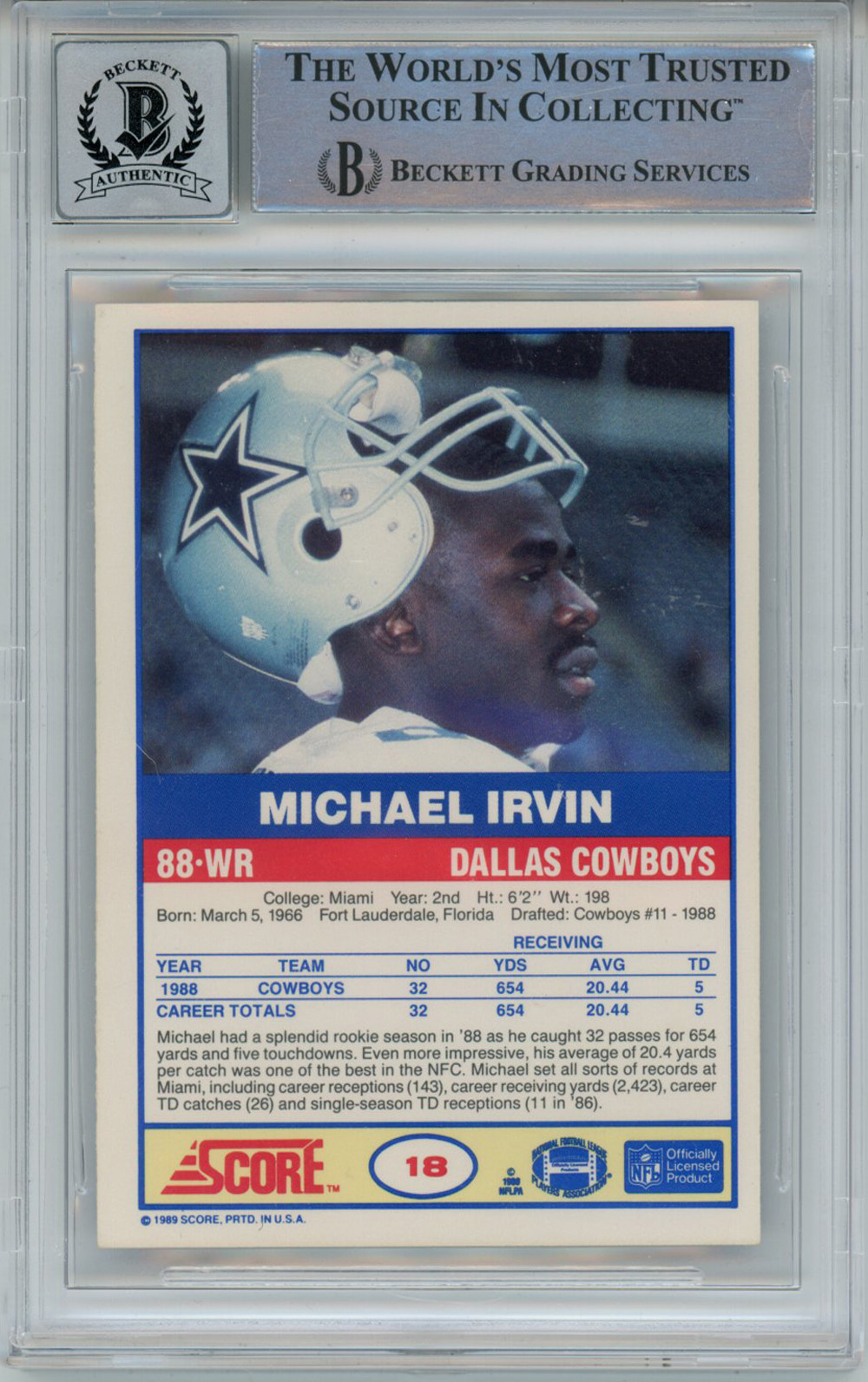 Michael Irvin Autographed 1989 Score #18 Rookie Card HOF Beckett 10 Slab