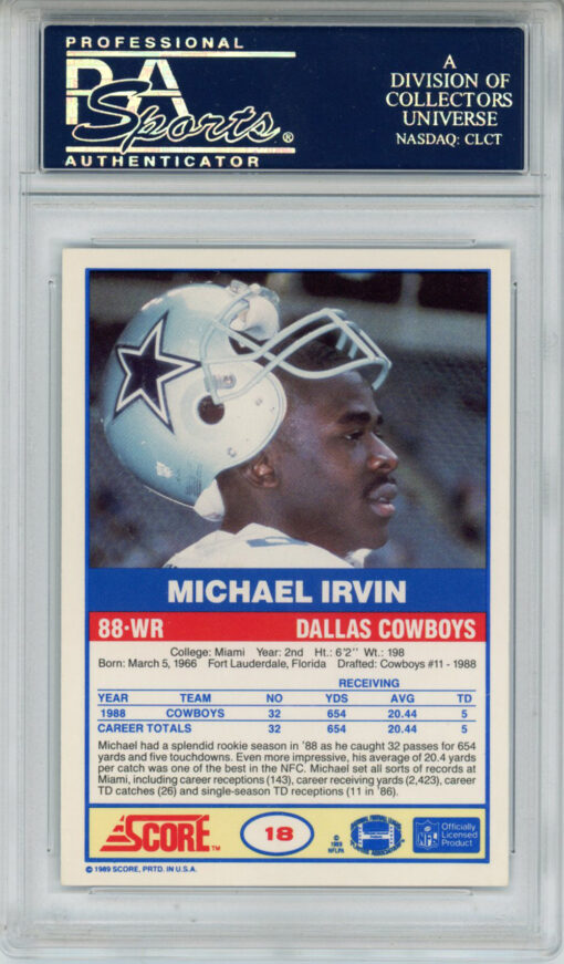 Michael Irvin Autographed 1989 Score #18 Rookie Card HOF 2007 PSA Slab