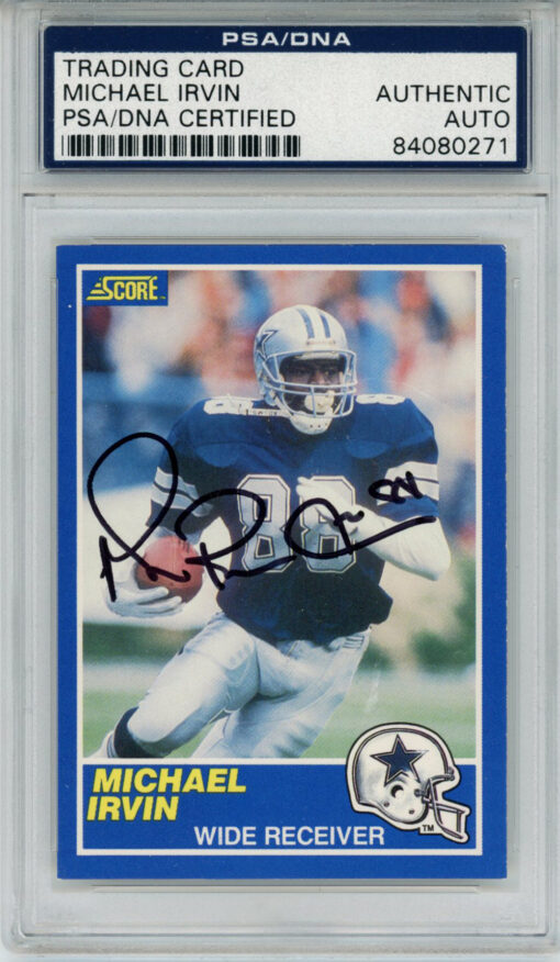 Michael Irvin Autographed 1989 Score #18 Rookie Card PSA Slab