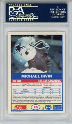 Michael Irvin Autographed 1989 Score #18 Rookie Card PSA Slab