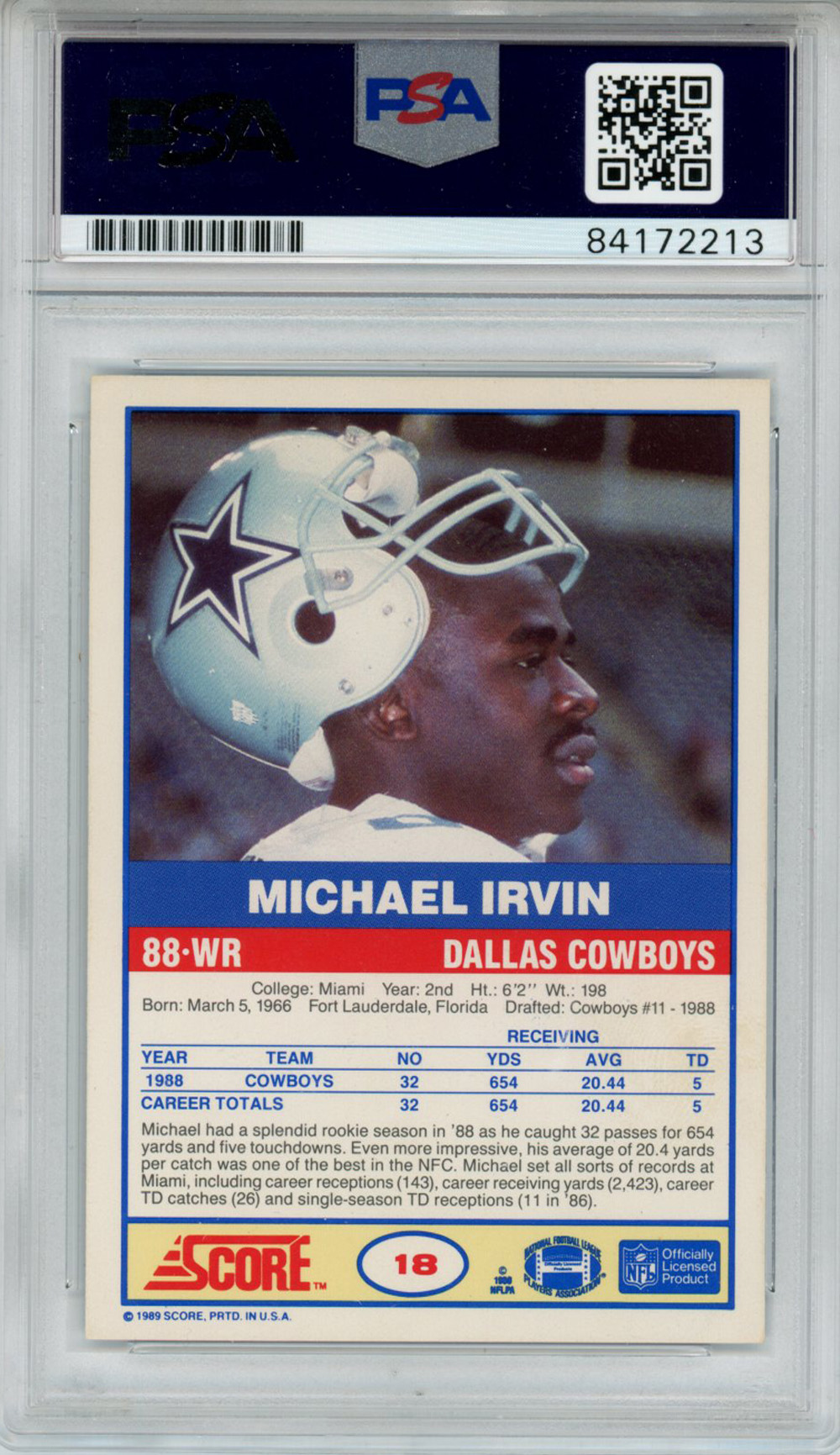 Michael Irvin Autographed 1989 Score #18 Rookie Card HOF 07 PSA Slab