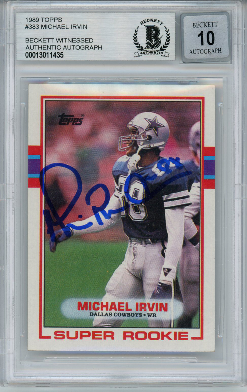 Michael Irvin Autographed 1989 Topps #383 Trading Card BAS 10 Slab 32745