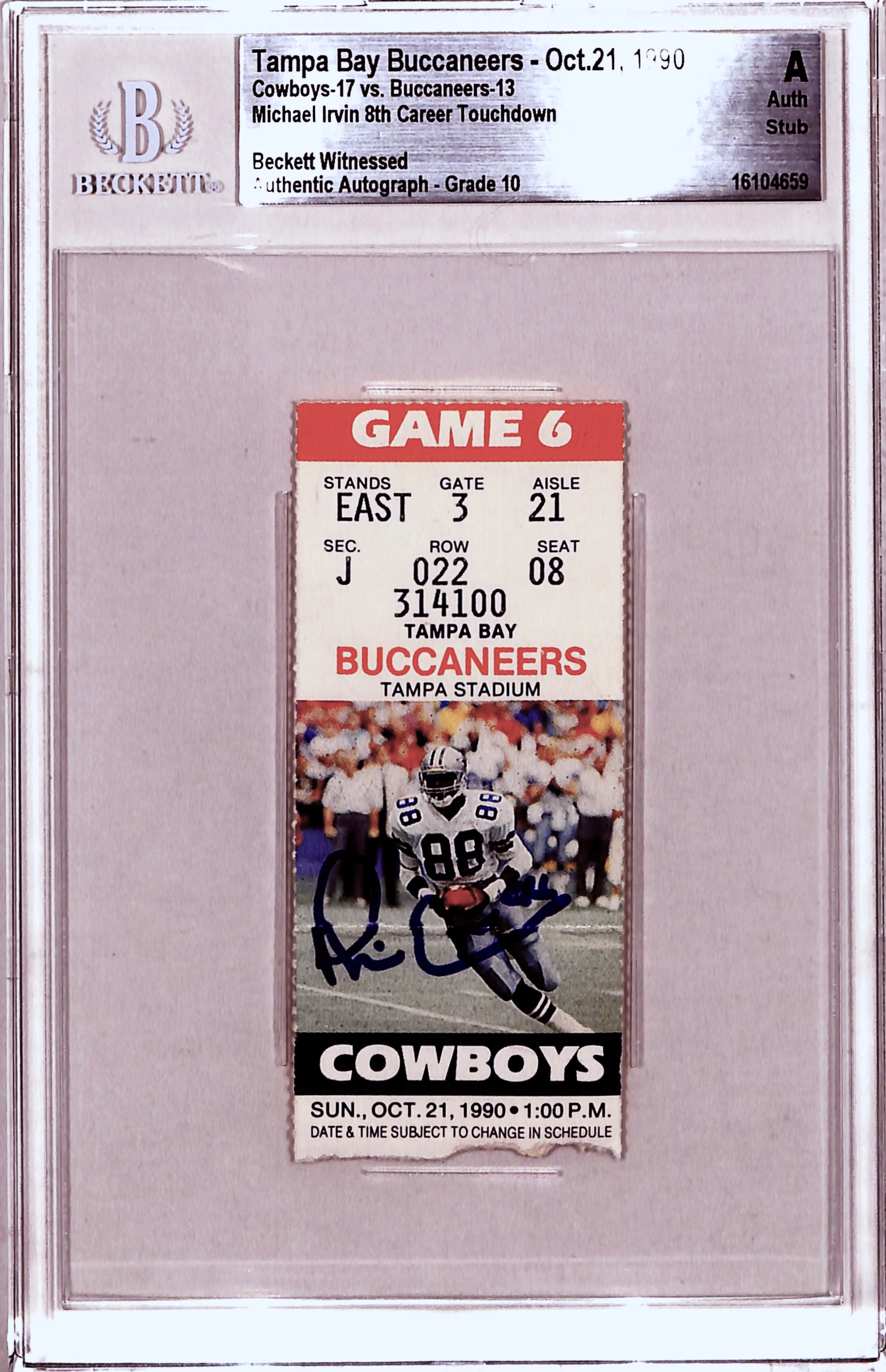 Michael Irvin Signed Dallas Cowboys Ticket Stub 10/21/90 Beckett Slab 