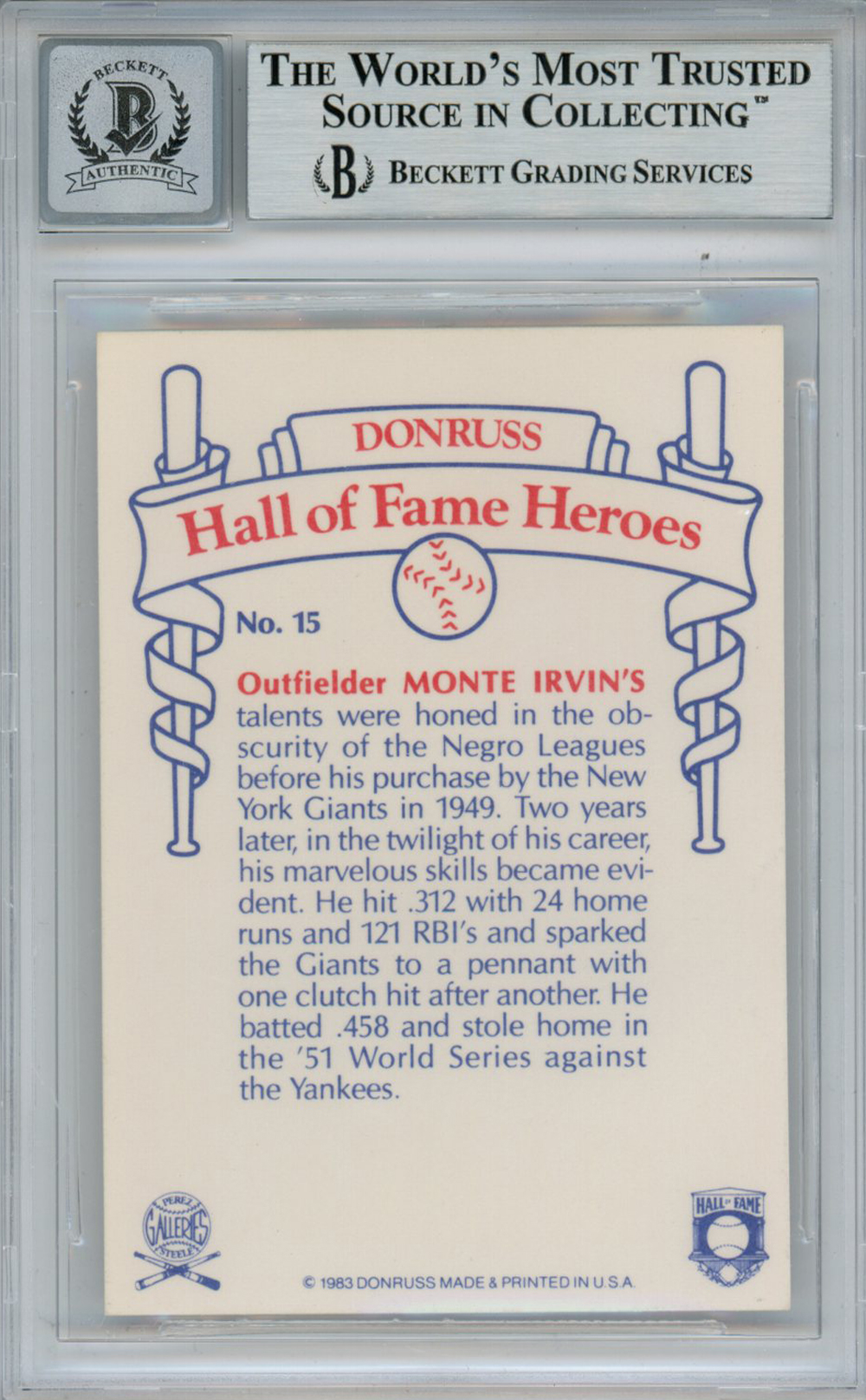 Monte Irvin Signed 1983 Donruss HOF Heroes #15 Card Beckett 10 Slab