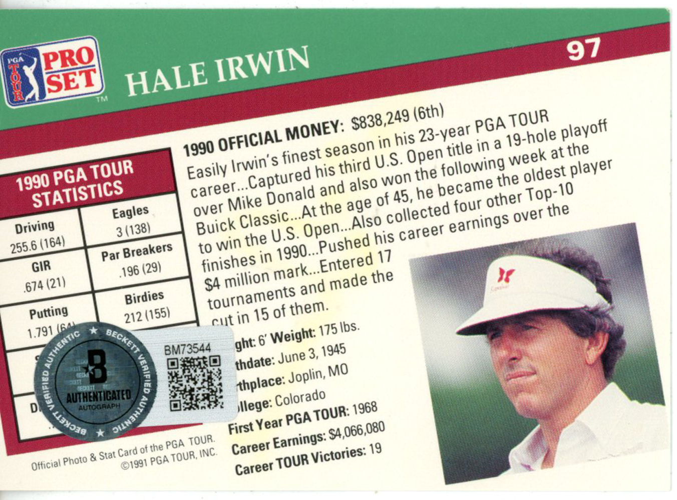 Hale Irwin Autographed 1991 Pro Set #97 Trading Card Beckett 44862