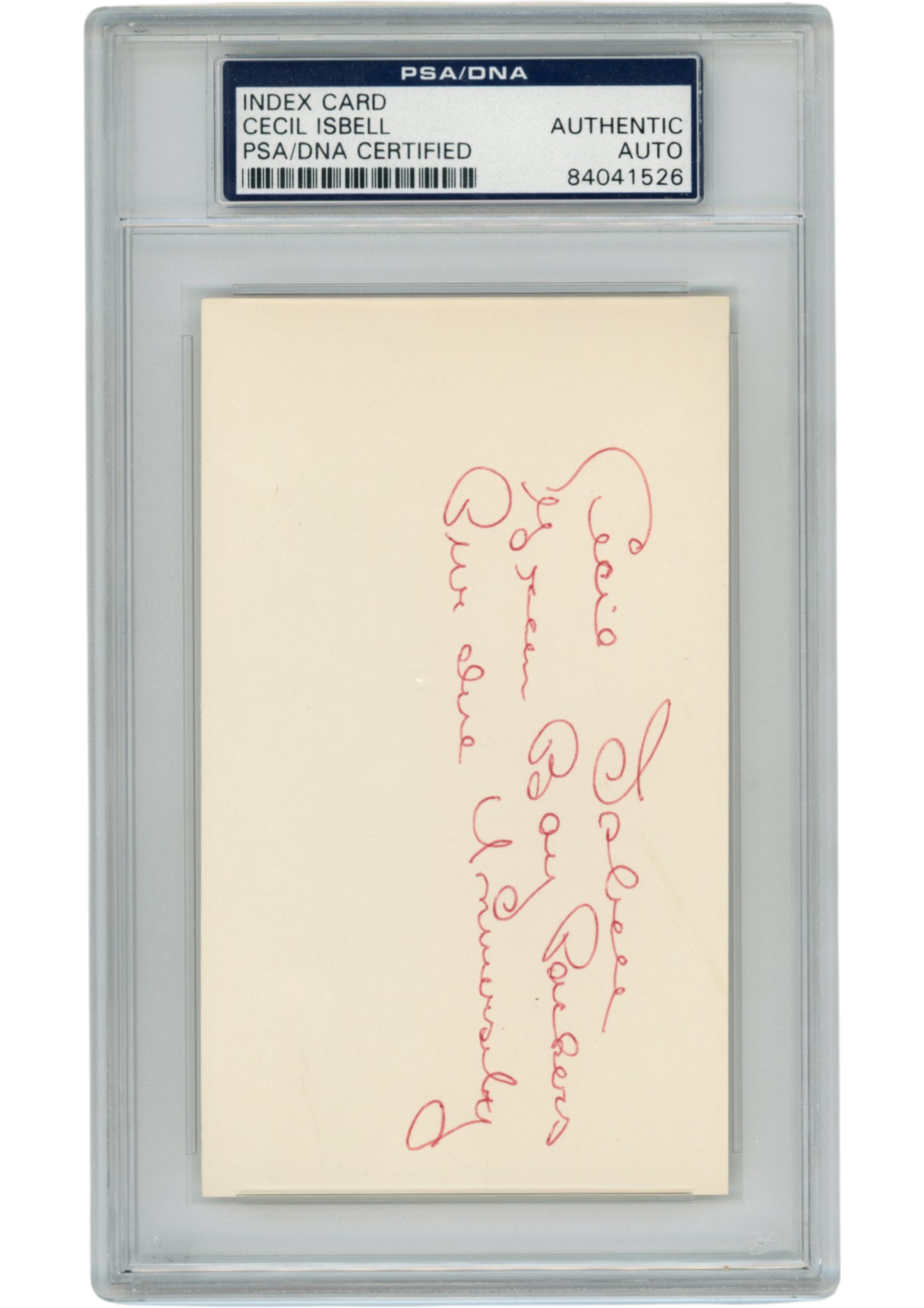 Cecil Isbel Autographed Green Bay Packers Index Card Best Wishes Slab PSA 54930