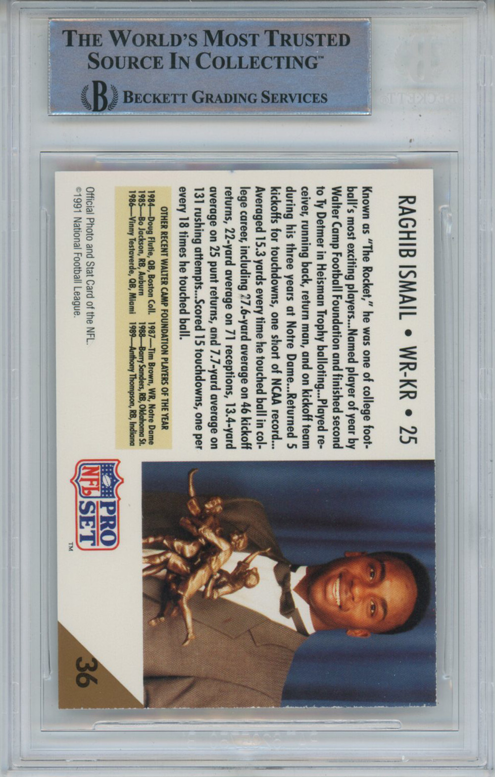 Rocket Ismail Autographed 1991 Pro Set #36 Rookie Card Beckett Slab