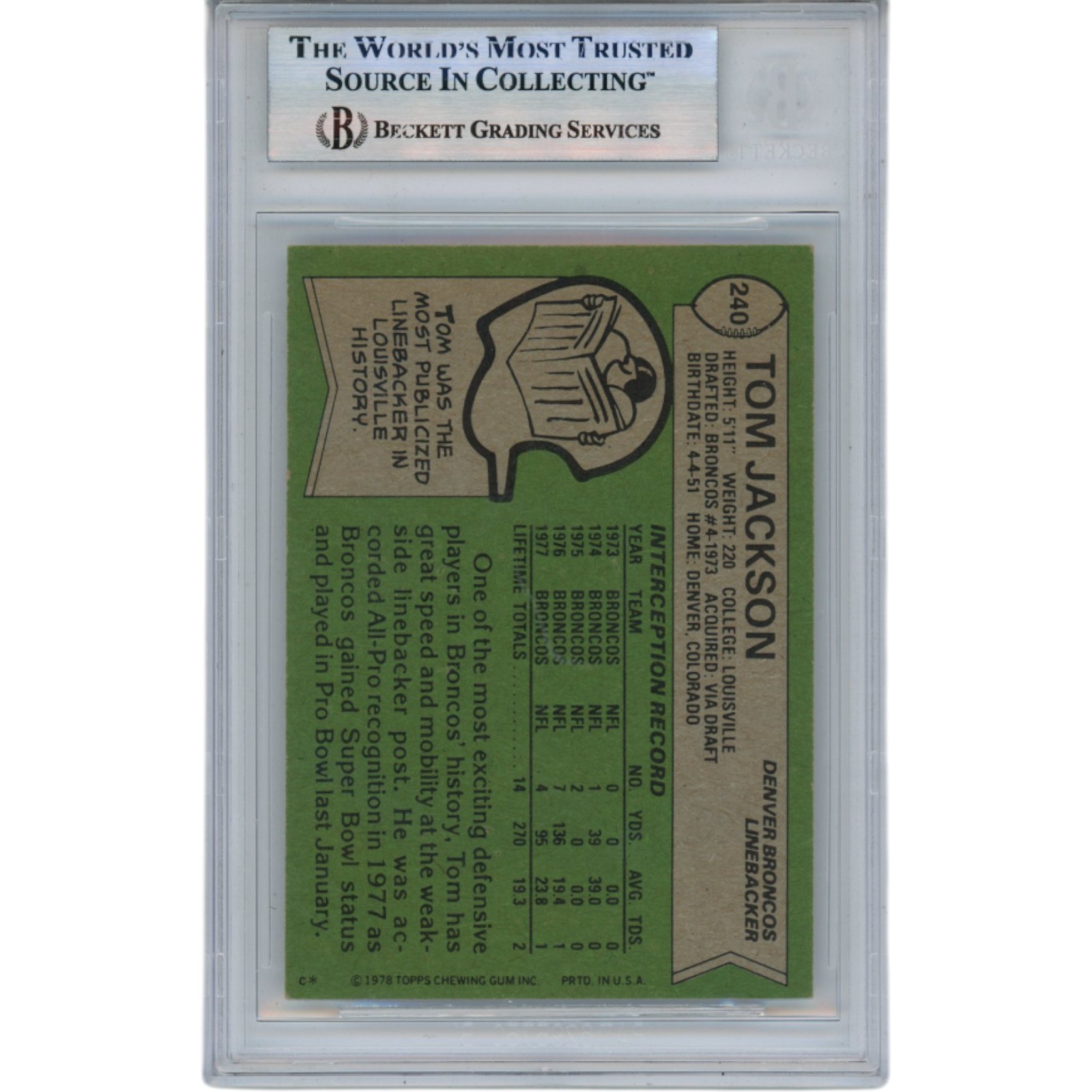 Tom Jackson Autographed 1978 Topps #240 Trading Card Slabbed Beckett 51538
