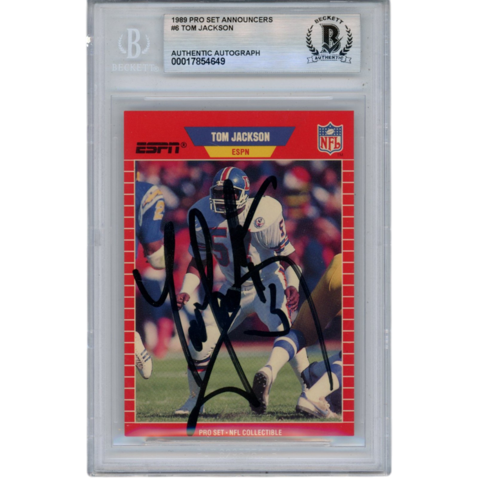 Tom Jackson Signed 1989 Pro Set Announcers #6 Trading Card Slab Beckett 51537