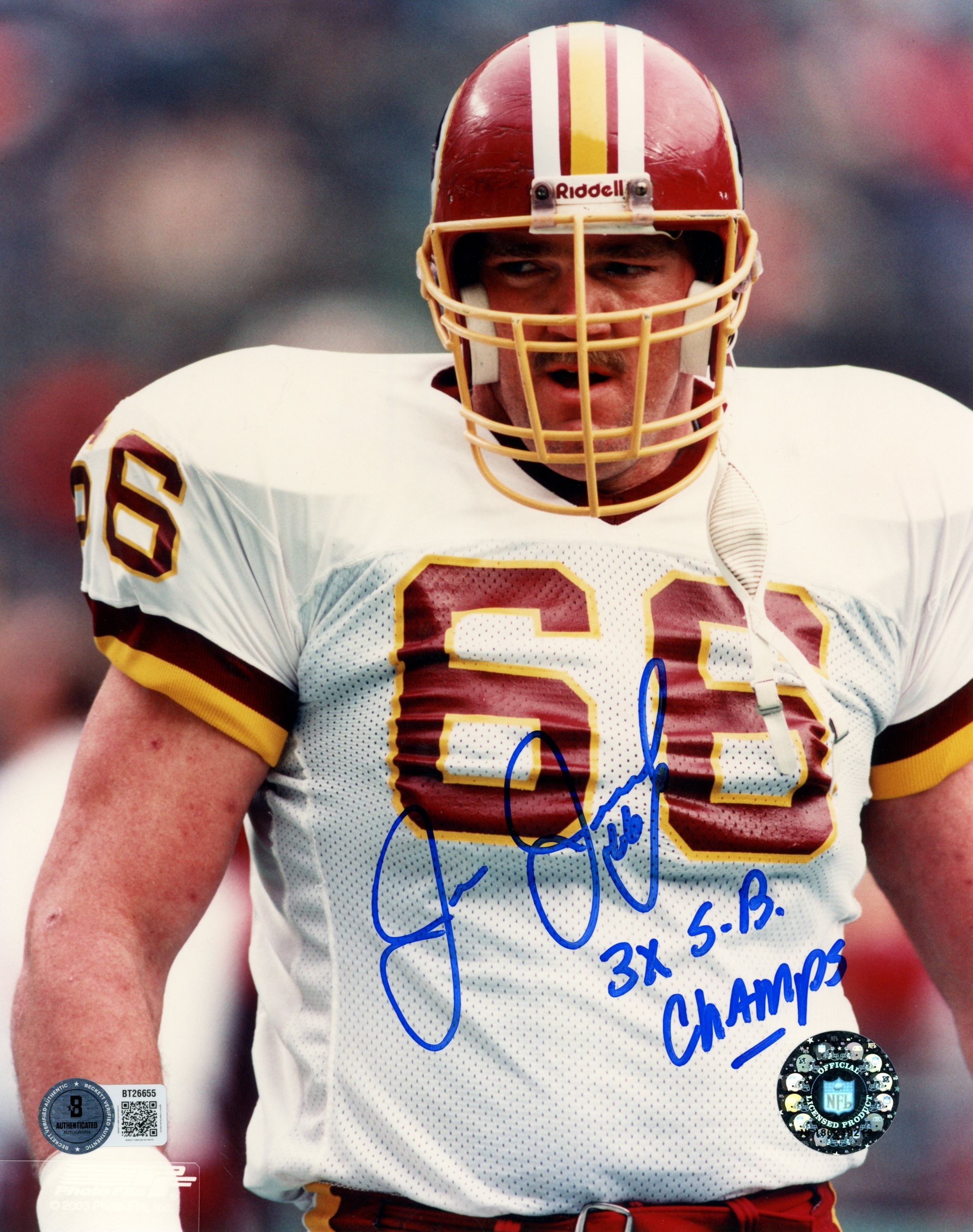 Joe Jacoby Autographed Washington Redskins 8x10 Photo 3x SB Champs Beckett 56682