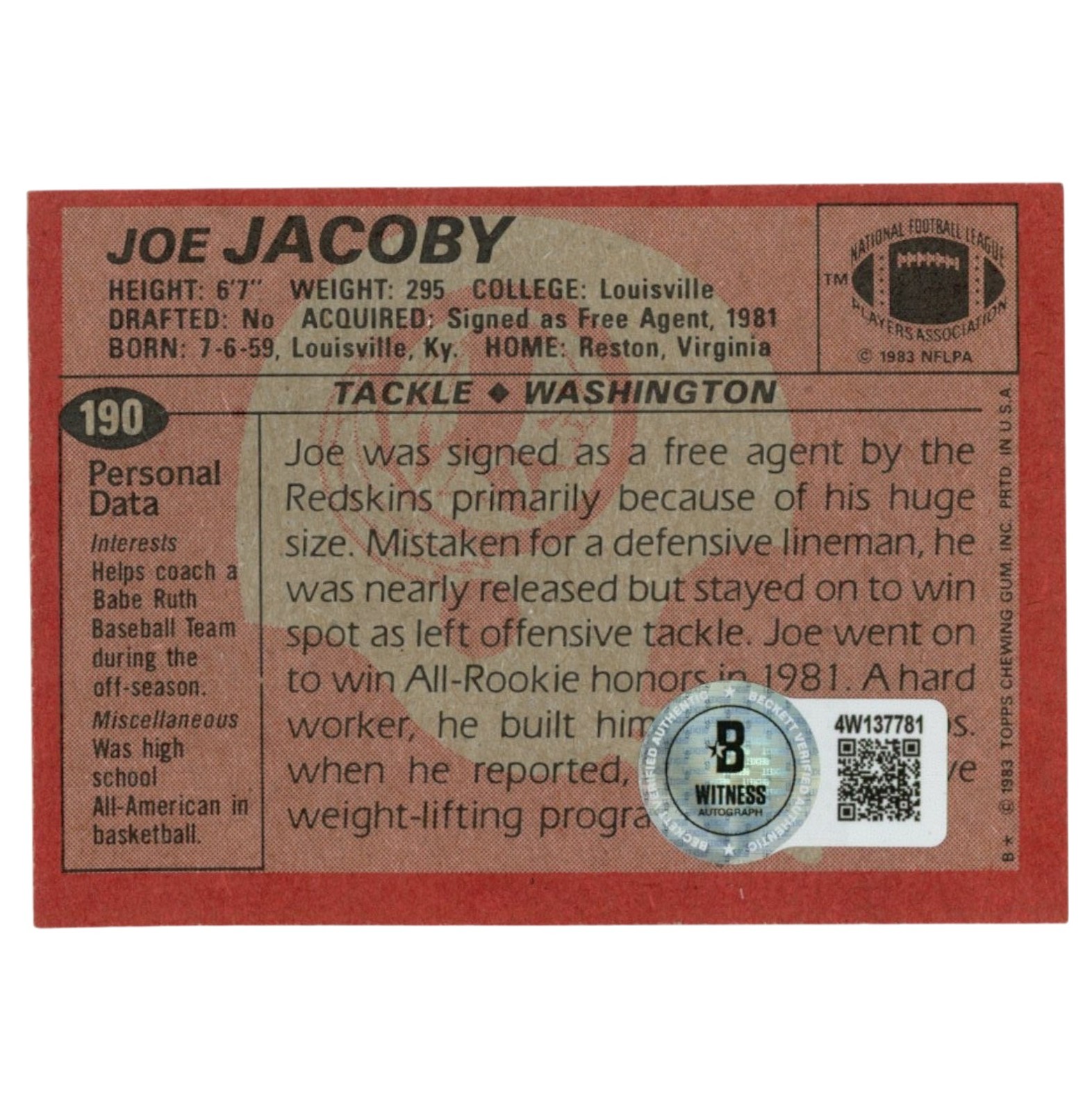 Joe Jacoby Autographed Washington Redskins Trading Card Beckett Witness 54716