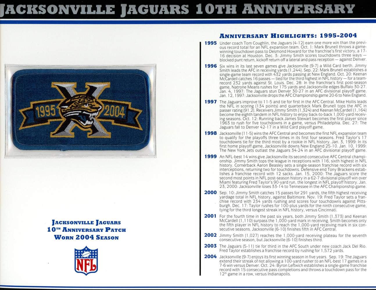 Jacksonville Jaguars 10th Anniversary Patch Stat Card Willabee & Ward