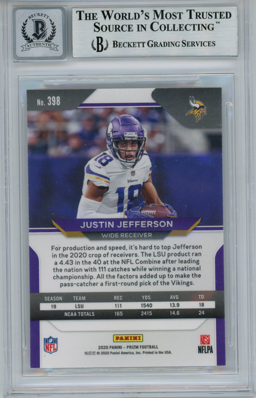 Justin Jefferson Autographed 2020 Panini Prizm Rookie Card 398 BAS Slab Denver Autographs