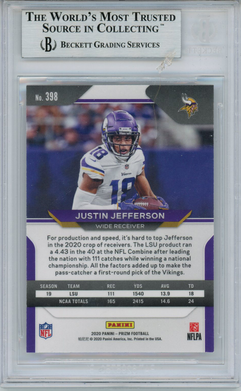 Justin Jefferson Signed 2020 Panini Prizm 398A Rookie Card BAS 10 Slab