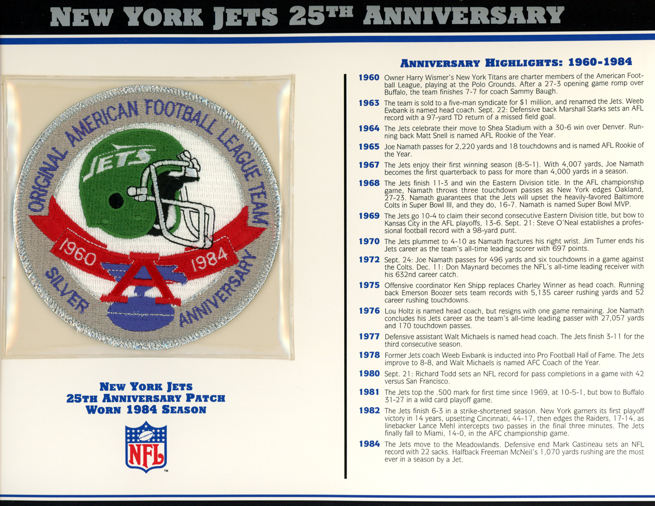 New York Jets 25th Anniversary Patch Stat Card Official Willabee & Ward