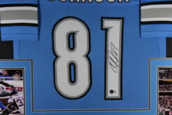 Calvin Johnson Autographed/Signed Pro Style Blue XL Framed Jersey Beckett 51220