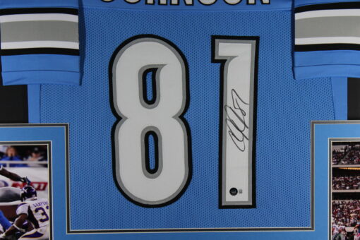 Calvin Johnson Autographed/Signed Pro Style Blue XL Framed Jersey Beckett 51220
