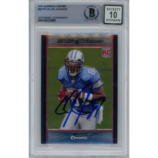 Calvin Johnson Autographed 2007 Bowman Chrome BC75 Card 10 Grade Beckett 47044