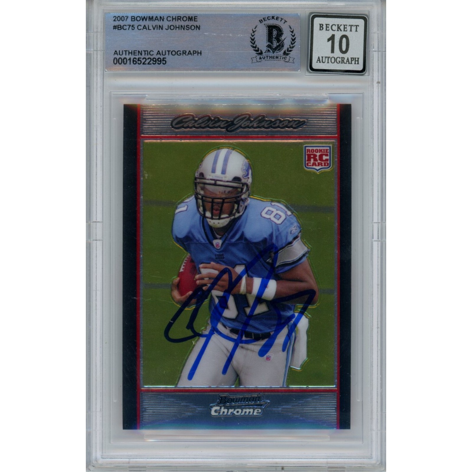 Calvin Johnson Autographed 2007 Bowman Chrome BC75 Card 10 Grade Beckett 47044