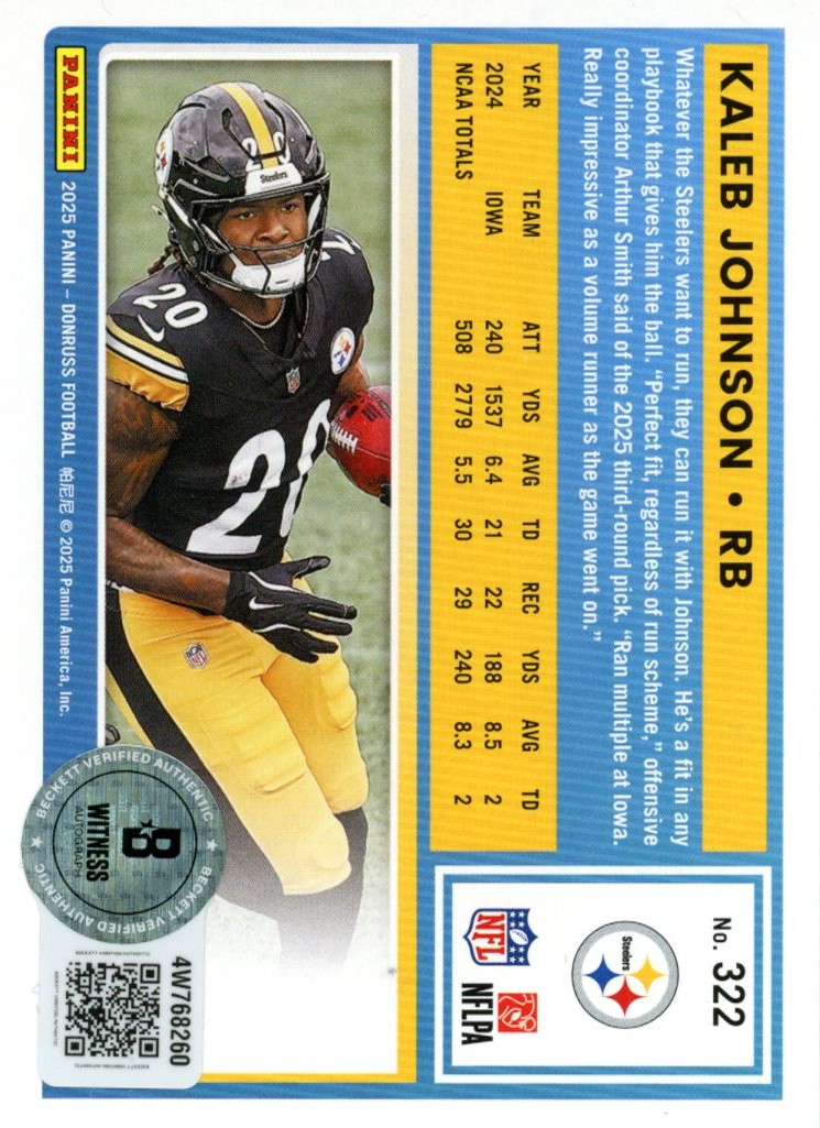 Kaleb Johnson Autographed 2025 Donruss Blue Press Proof #322 Card Beckett 56998 2 Kaleb Johnson Autographed 2025 Donruss Blue Press Proof #322 Card Beckett 56998