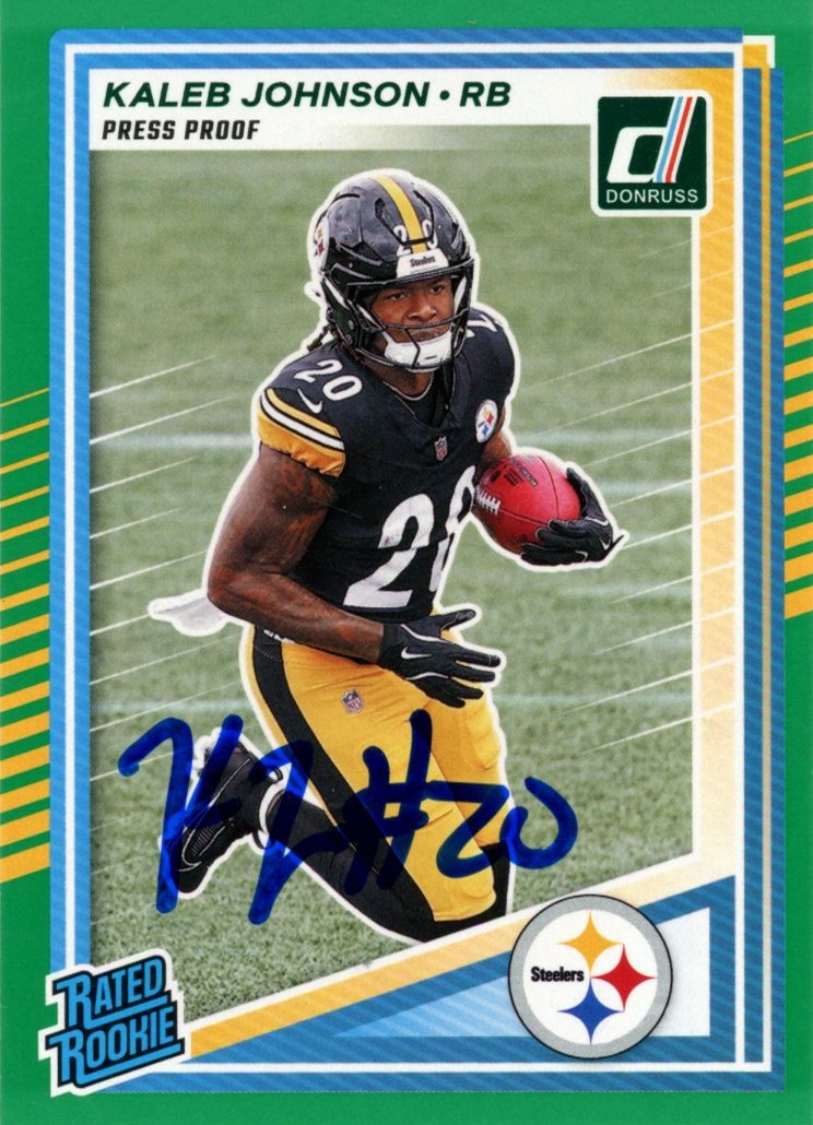 Kaleb Johnson Autographed 2025 Donruss Green Press Proof #322 Card Beckett 56989 1 Kaleb Johnson Autographed 2025 Donruss Green Press Proof #322 Card Beckett 56989