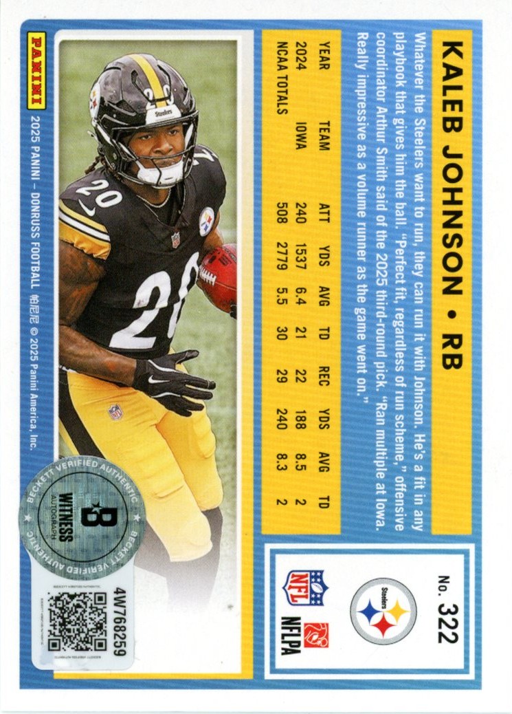 Kaleb Johnson Autographed 2025 Donruss Green Press Proof #322 Card Beckett 56989 2 Kaleb Johnson Autographed 2025 Donruss Green Press Proof #322 Card Beckett 56989