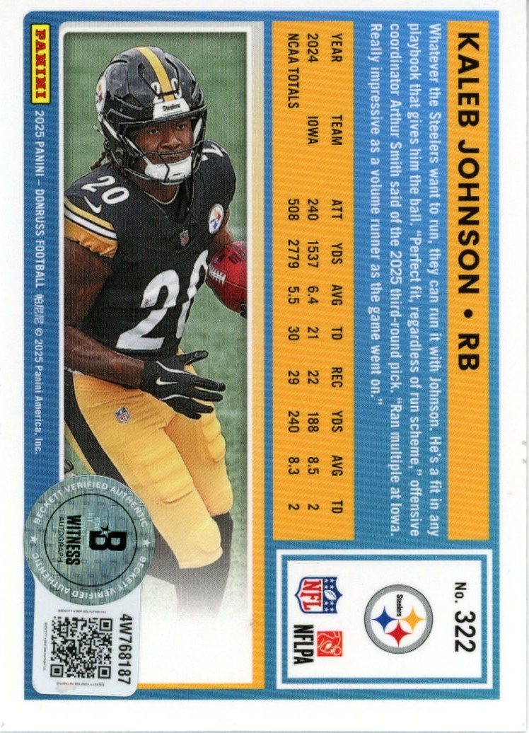 Kaleb Johnson Signed Steelers 2025 Donruss Red Optic #322 Card Beckett 56993 2 Kaleb Johnson Signed Steelers 2025 Donruss Red Optic #322 Card Beckett 56993